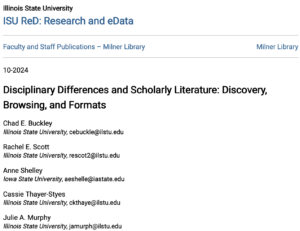 Article: Disciplinary Differences and Scholarly Literature: Discovery, Browsing, and Formats (preprint)