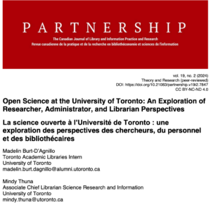 Journal Article: “Open Science at the University of Toronto: Exploration of Researcher, Staff and Librarian Perspectives”